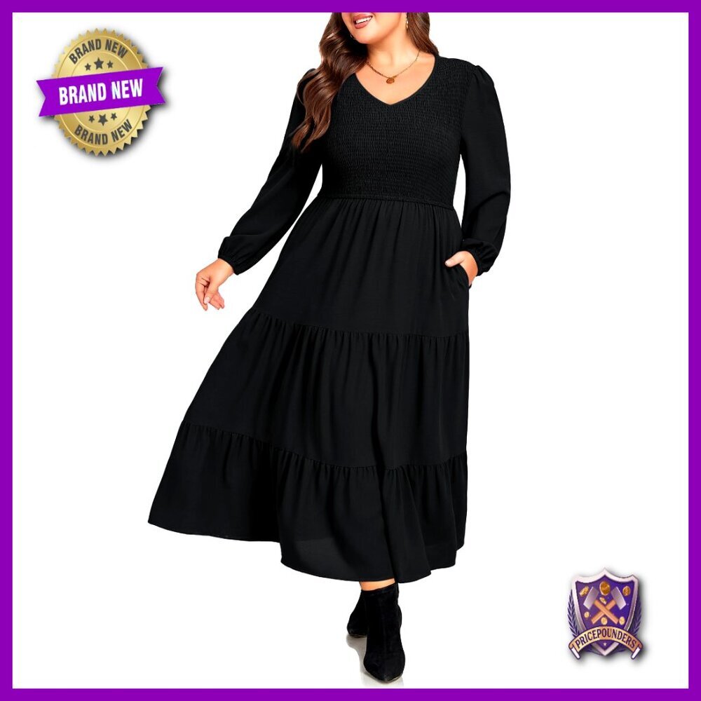 Plus Size Maxi Dress Long Sleeve V Neck Flowy Tiered with Pockets